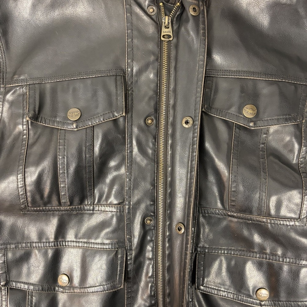 Levis Jacket Mens L Brown Faux Leather Trucker Coat Full Zip Snap Outdoor Work - Picture 4 of 12